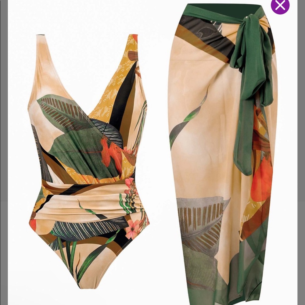 Tropical Print One-Piece Swimsuit in Beige & Green